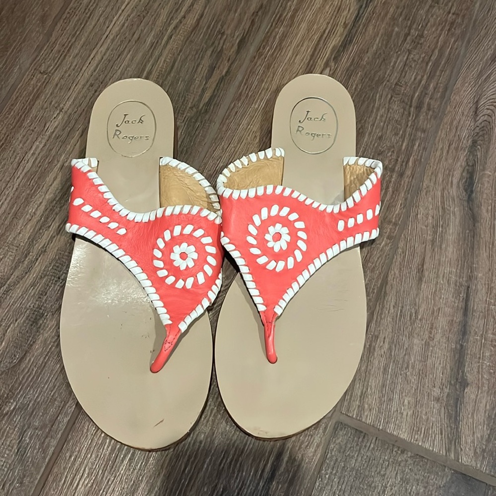 Jack Rogers Blair Pink White Leather Wrapped Thong Sandals Heel Flats 9